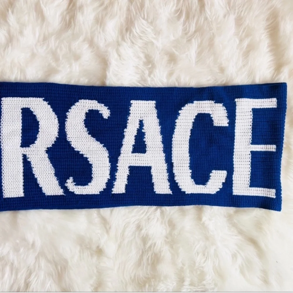 New! VERSACE Logo Intarsia Knit Fringe Oversized Unisex Wool Scarf in Royal Blue